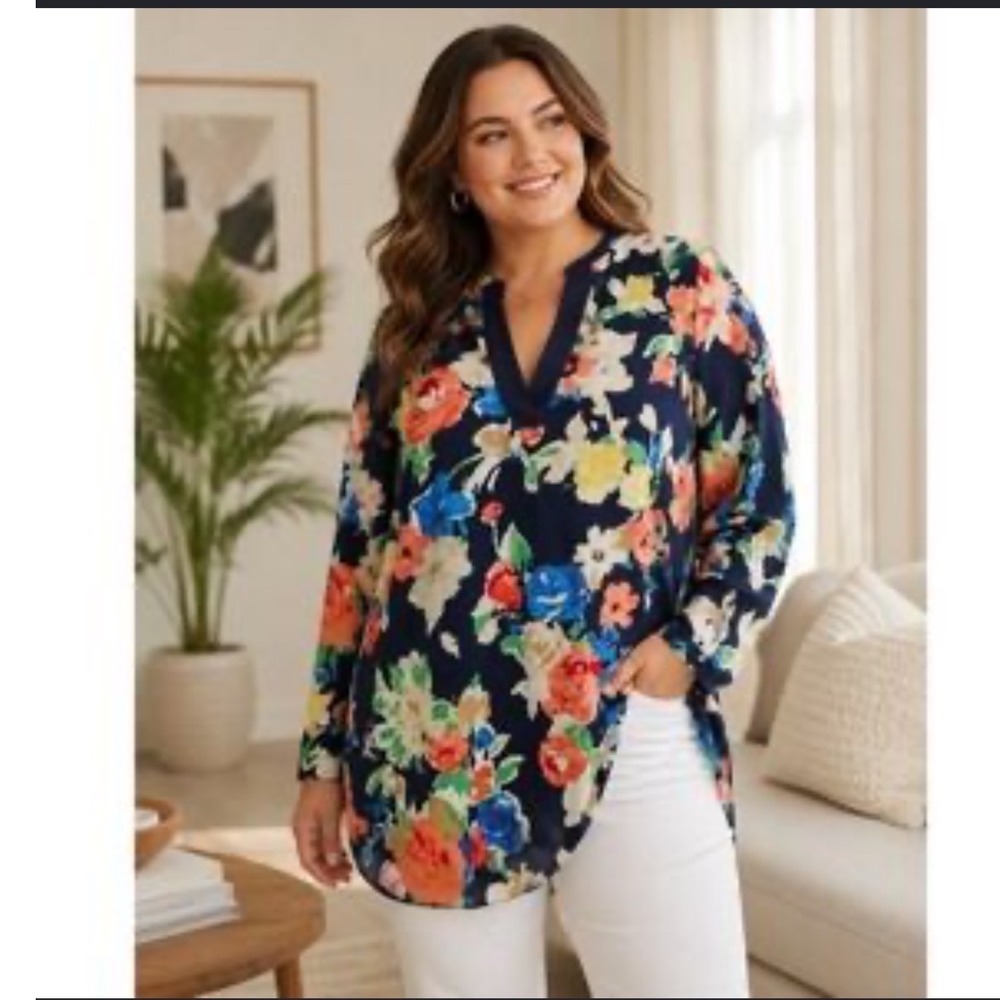Lauren Ralph Lauren Floral Top Blouse 2X Blue Colorful Long Sleeve Plus Size